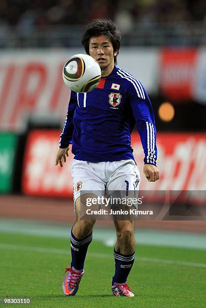 Keiji Tamada of Japan in action during the Kirin Challenge Cup match between Japan and Serbia at Nagai Stadium on April 7, 2010 in Osaka, Japan.