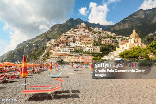 positano village and the blue mediterranean sea - italy beach stock pictures, royalty-free photos & images