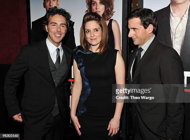 Producer/director Shawn Levy and actors Tina Fey and Steve Carell attend the premiere of "Date Night" at Ziegfeld Theatre on April 6, 2010 in New...