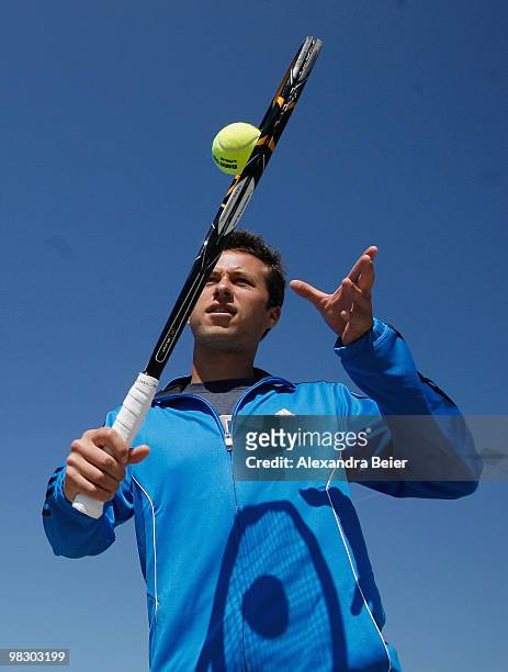 German tennis player Philipp Kohlschreiber plays tennis during a BMW promotion assignment prior to the BMW Tennis Open 2010 at BMW World on April 7,...