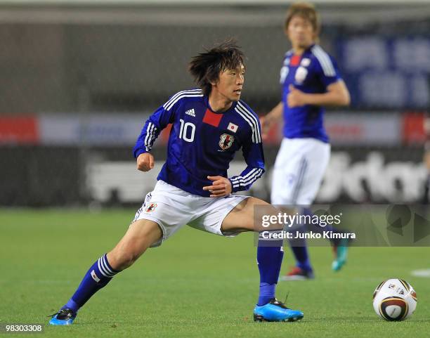 Shunsuke Nakamura of Japan in action during the Kirin Challenge Cup match between Japan and Serbia at Nagai Stadium on April 7, 2010 in Osaka, Japan.