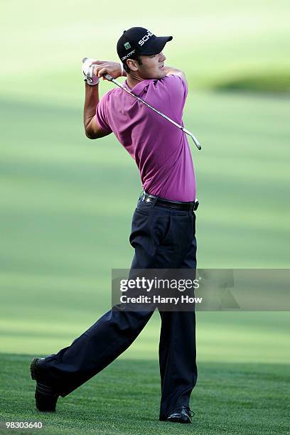 Martin Kaymer of Germany hits a shot during a practice round prior to the 2010 Masters Tournament at Augusta National Golf Club on April 7, 2010 in...