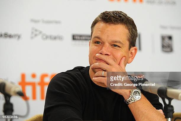 Actor Matt Damon speaks onstage at the "The Informant!" press conference held at the Sutton Place Hotel on September 11, 2009 in Toronto, Canada.