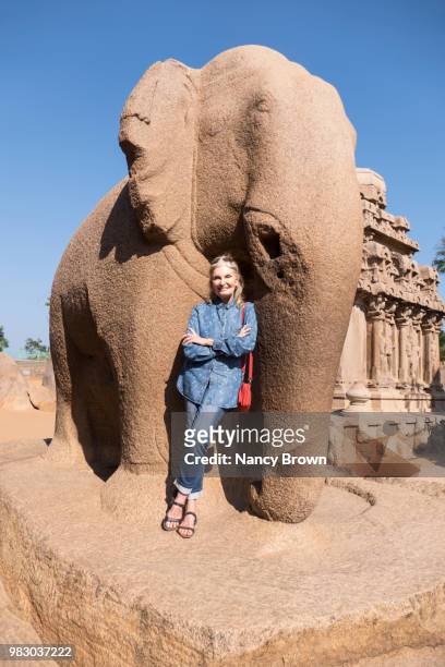 female tourist in mahabalipuram site in india. - circa 7th century stock pictures, royalty-free photos & images