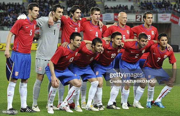 Serbia's starting players, Radosav Petrovic, Zelijko Brkic, Dejan Lekic, Vojislav Stankovic, Milovan Milovic, Dragan Mrda, Marko Lomic, Nemanja...