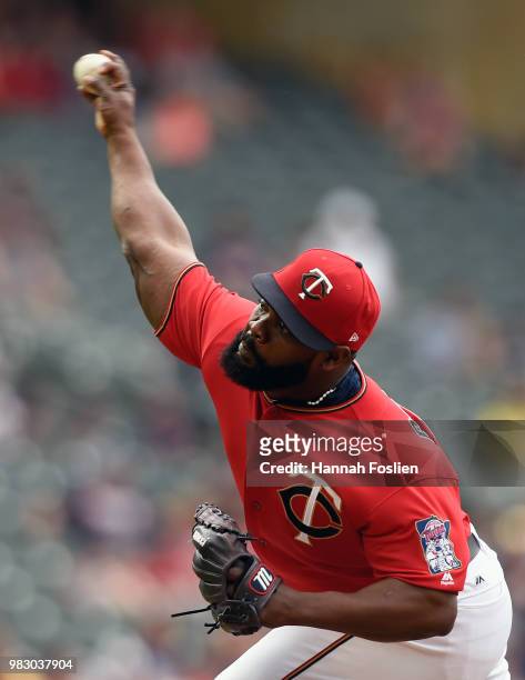Fernando Rodney of the Minnesota Twins delivers a pitch against the Texas Rangers during the ninth inning of the game on June 24, 2018 at Target...