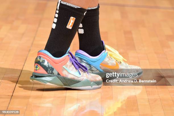 The sneakers of Epiphanny Prince of the New York Liberty are seen during the game against the Los Angeles Sparks on June 24, 2018 at STAPLES Center...