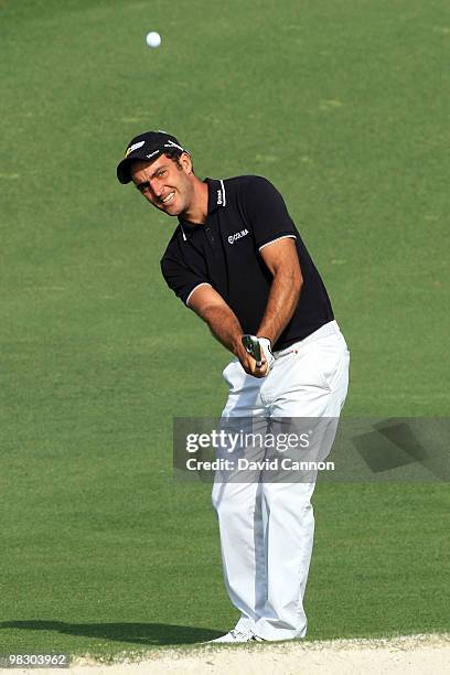 Edoardo Molinari of Italy hits a shot during a practice round prior to the 2010 Masters Tournament at Augusta National Golf Club on April 7, 2010 in...