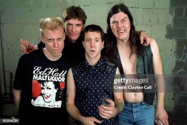 The Butthole Surfers backstage at the Warfiield Theater in San Francisco on May 19 1991 L-R King Coffey, Paul Leary, Jeff Pinkus, Gibby Haynes