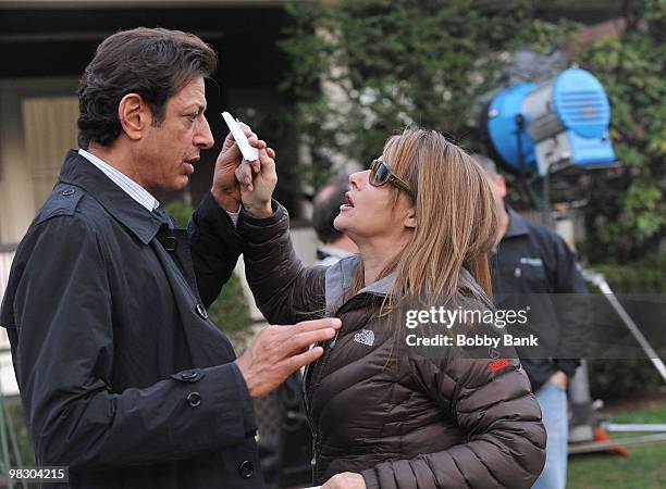 Jeff Goldblum and Lorraine Bracco on location for "Law & Order: Criminal Intent" on the Streets of Brooklyn on April 1, 2010 in New York City.