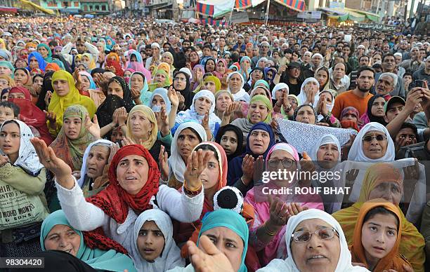 Kashmiri Muslim praying at shrine to Saint Syed Abdul Qadir Jilani react as an imam shows a believed relic of the Sufi saint on the anniversary of...