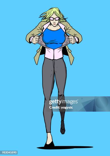vector comic book girl transforms into superhero - girl blonde hair with glasses stock illustrations