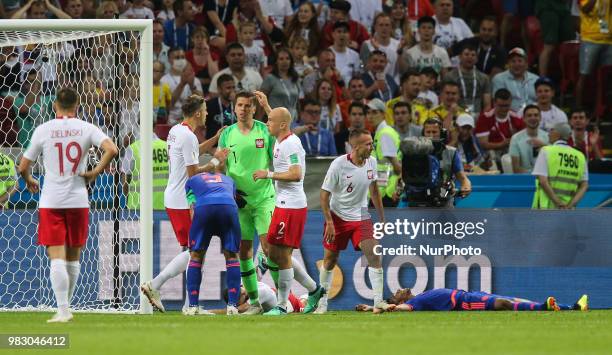 Wojciech Szczesny, Jan Bednarek, Michal Pazdan of Poland during the Russia 2018 World Cup Group H football match between Poland and Colombia at the...