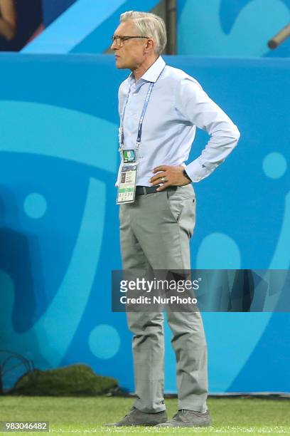 Head coach Adam Nawaka of Poland is seen during the Russia 2018 World Cup Group H football match between Poland and Colombia at the Kazan Arena in...