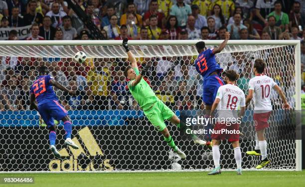 Yerry Mina of Colombia scores a header for his team's first goal during the Russia 2018 World Cup Group H football match between Poland and Colombia...