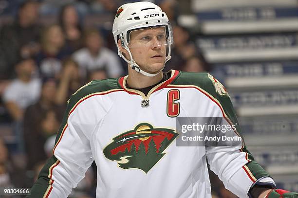 Mikko Koivu of the Minnesota Wild takes a breather during a stoppage of play against the Edmonton Oilers at Rexall Place on April 5, 2010 in...