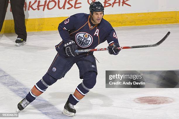 Jason Strudwick of the Edmonton Oilers skates against the Minnesota Wild at Rexall Place on April 5, 2010 in Edmonton, Alberta, Canada. The Oilers...