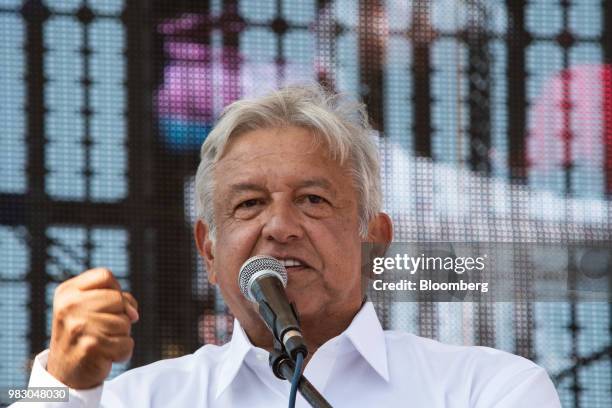 Andres Manuel Lopez Obrador, presidential candidate of the National Regeneration Movement Party , speaks during the closing campaign rally in San...