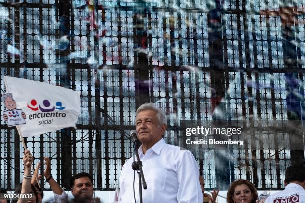 Andres Manuel Lopez Obrador, presidential candidate of the National Regeneration Movement Party , pauses while speaking during the closing campaign...