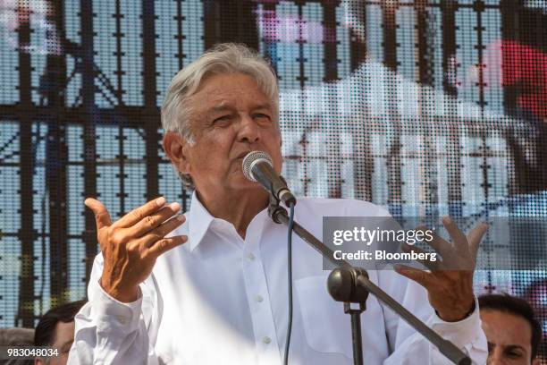 Andres Manuel Lopez Obrador, presidential candidate of the National Regeneration Movement Party , speaks during the closing campaign rally in San...