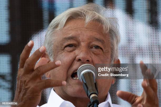 Andres Manuel Lopez Obrador, presidential candidate of the National Regeneration Movement Party , speaks during the closing campaign rally in San...