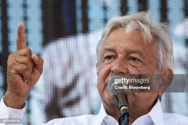 Andres Manuel Lopez Obrador, presidential candidate of the National Regeneration Movement Party , speaks during the closing campaign rally in San...