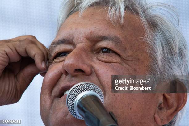 Andres Manuel Lopez Obrador, presidential candidate of the National Regeneration Movement Party , speaks during the closing campaign rally in San...