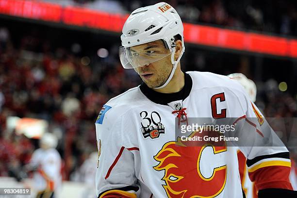 Jarome Iginla of the Calgary Flames rests during a break in the game against the Washington Capitals at the Verizon Center on March 28, 2010 in...