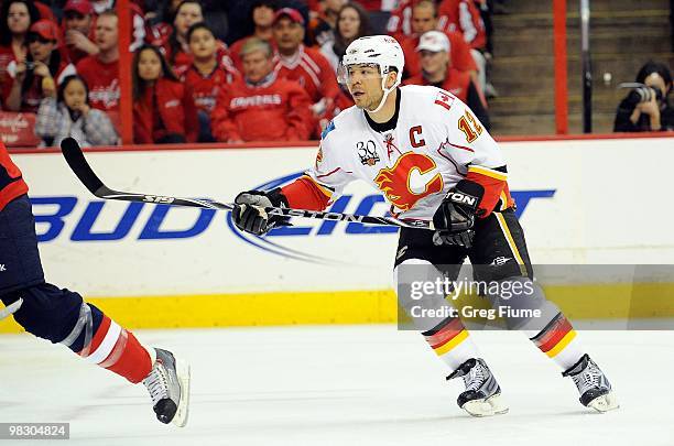 Jarome Iginla of the Calgary Flames skates down the ice against the Washington Capitals at the Verizon Center on March 28, 2010 in Washington, DC.