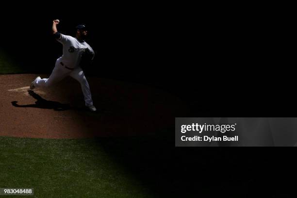 Jhoulys Chacin of the Milwaukee Brewers pitches in the fourth inning against the St. Louis Cardinals at Miller Park on June 24, 2018 in Milwaukee,...