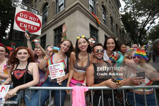 Crowd of parade goers at amfAR Celebrates NYC Pride 2018 on June 24, 2018 in New York City.