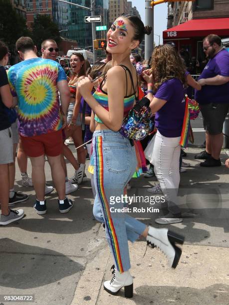 Victoria Justice celebrates on the amfAR amazon float as amfAR Celebrates NYC Pride 2018 on June 24, 2018 in New York City.