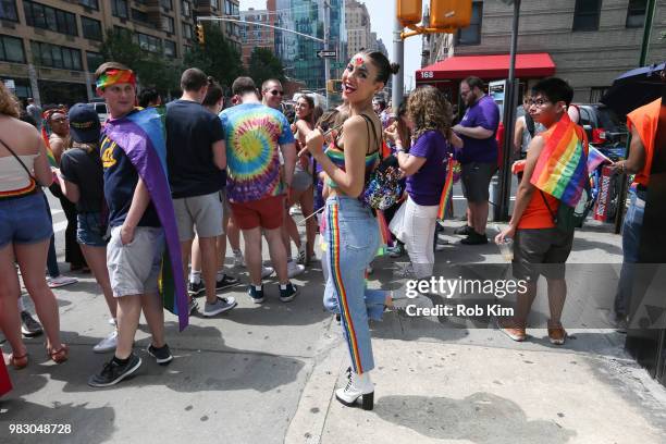 Victoria Justice celebrates on the amfAR amazon float as amfAR Celebrates NYC Pride 2018 on June 24, 2018 in New York City.