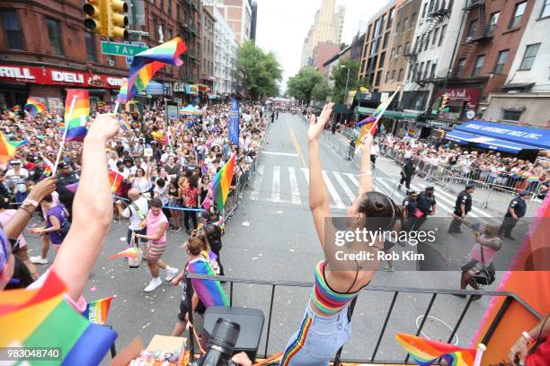 Victoria Justice celebrates on the amfAR amazon float as amfAR Celebrates NYC Pride 2018 on June 24, 2018 in New York City.