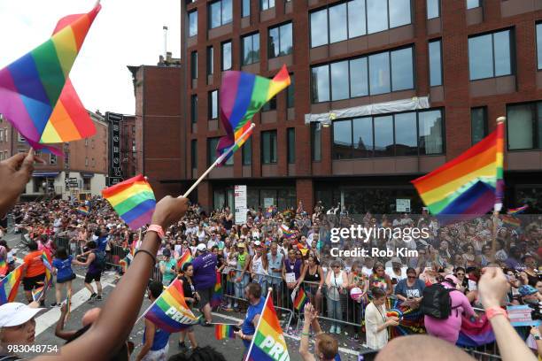 Crowd of parade goers at amfAR Celebrates NYC Pride 2018 on June 24, 2018 in New York City.