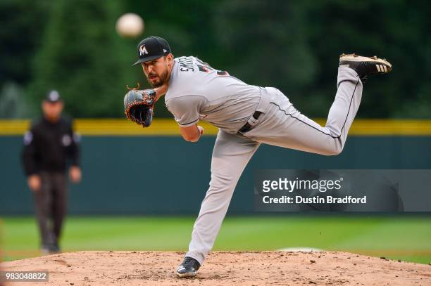 Caleb Smith of the Miami Marlins pitches against the Colorado Rockies in the first inning of a game at Coors Field on June 24, 2018 in Denver,...