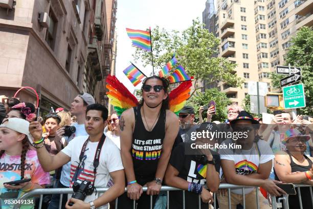 Crowd of parade goers at amfAR Celebrates NYC Pride 2018 on June 24, 2018 in New York City.