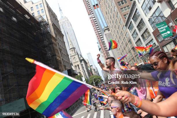 Revelers on the amfAR amazon float as amfAR Celebrates NYC Pride 2018 on June 24, 2018 in New York City.