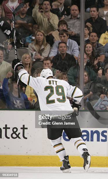 Steve Ott of the Dallas Stars celebrates his 20th goal of the season against the Chicago Blackhawks on April 6, 2010 at the American Airlines Center...