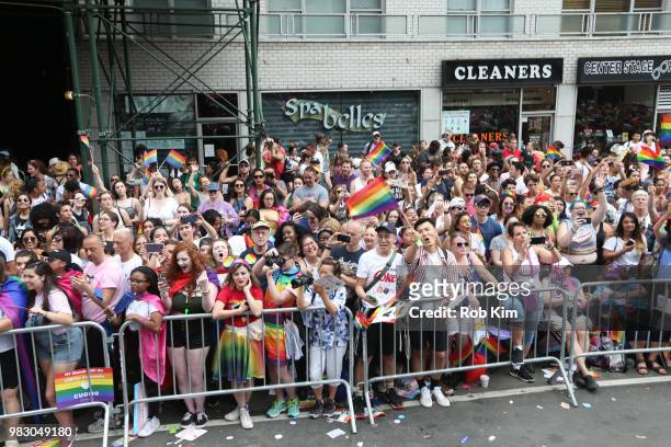 Crowd of parade goers at amfAR Celebrates NYC Pride 2018 on June 24, 2018 in New York City.