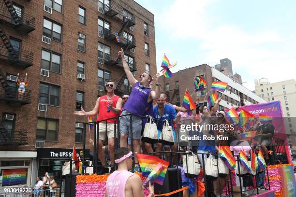Revelers on the amfAR amazon float as amfAR Celebrates NYC Pride 2018 on June 24, 2018 in New York City.