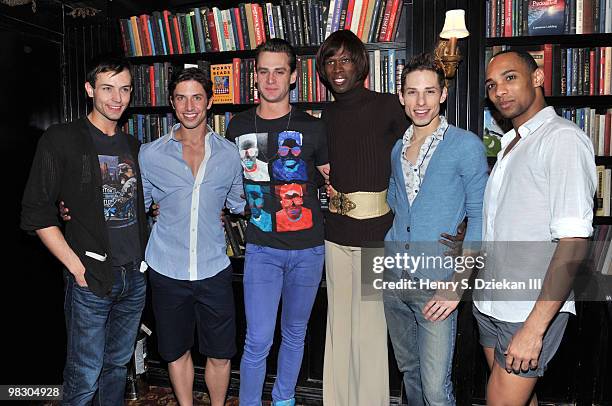 Actors Logan Keslar, Nick Adams, Nicholas Cunningham, Terry Lavell, Sean Patrick Doyle and Sean Carmon attend the "La Cage aux Folles" first preview...