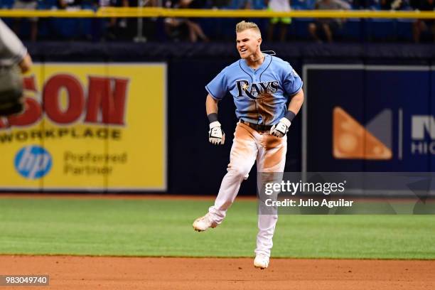 Jake Bauers of the Tampa Bay Rays hits a game winning homer against the New York Yankees in the twelfth inning on June 24, 2018 at Tropicana Field in...