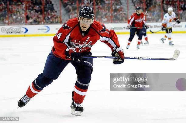 Tomas Fleischmann of the Washington Capitals skates down the ice against the Calgary Flames at the Verizon Center on March 28, 2010 in Washington, DC.