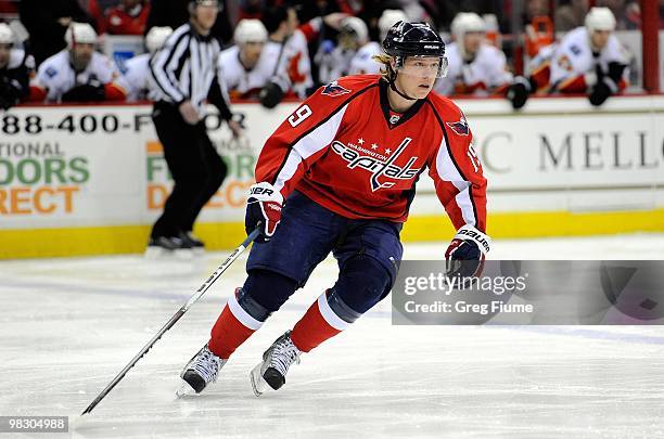 Nicklas Backstrom of the Washington Capitals skates down the ice against the Calgary Flames at the Verizon Center on March 28, 2010 in Washington, DC.