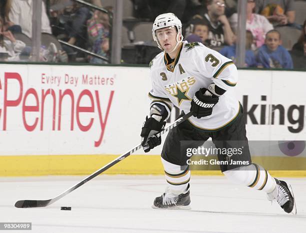 Stephane Robidas of the Dallas Stars skates against the Chicago Blackhawks on April 6, 2010 at the American Airlines Center in Dallas, Texas.