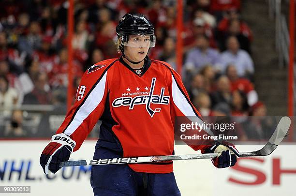 Nicklas Backstrom of the Washington Capitals rests during a break in the game against the Calgary Flames at the Verizon Center on March 28, 2010 in...