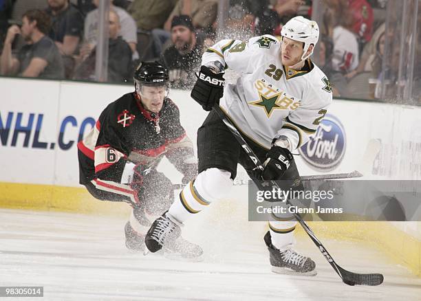 Steve Ott of the Dallas Stars skates against Jordan Hendry of the Chicago Blackhawks on April 6, 2010 at the American Airlines Center in Dallas,...