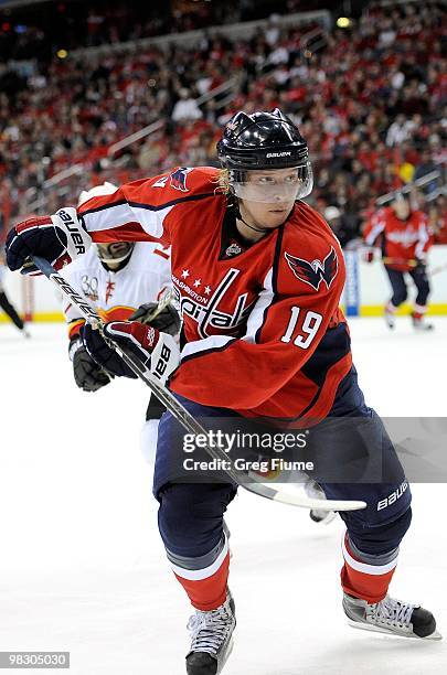 Nicklas Backstrom of the Washington Capitals skates down the ice against the Calgary Flames at the Verizon Center on March 28, 2010 in Washington, DC.