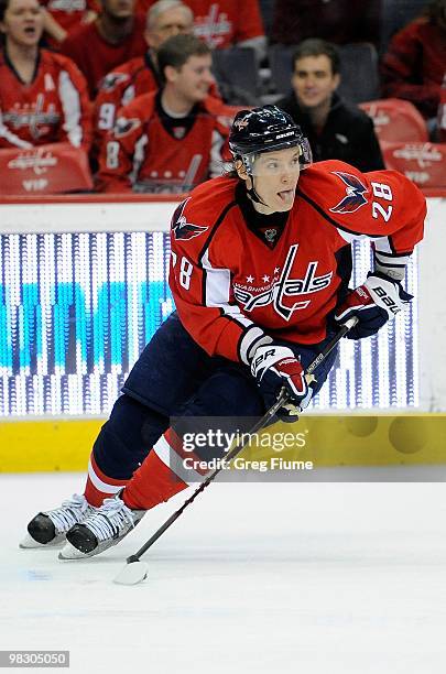 Alexander Semin of the Washington Capitals handles the puck against the Calgary Flames at the Verizon Center on March 28, 2010 in Washington, DC.